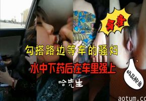 搭讪路边等车的骚妇，水中下药后在车里强上